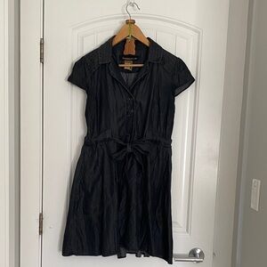 Black Button-Front Midi Shirt Dress with Tie Waist